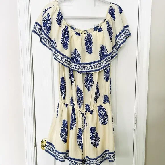 Kori America Blue & Ivory Feather Boho Ruffly Off Shoulder Romper Size Large - Picture 3 of 9